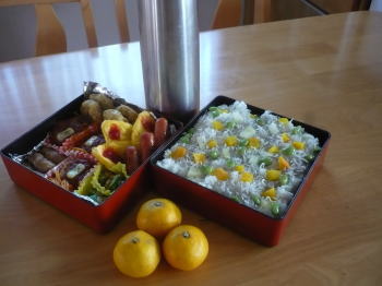 冷蔵庫の残品でありあわせ弁当^^;